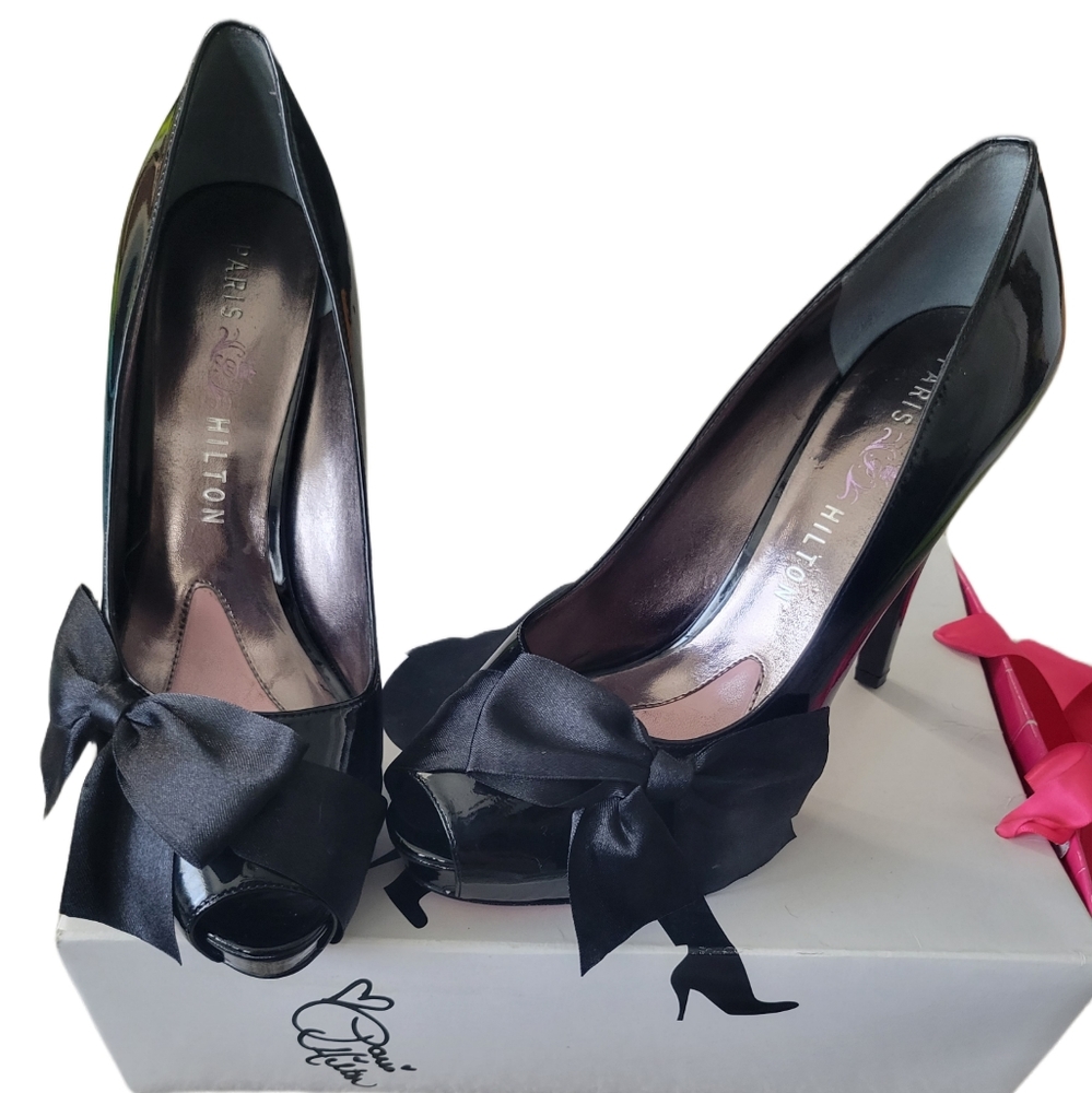 Black patent leather bow tie heels